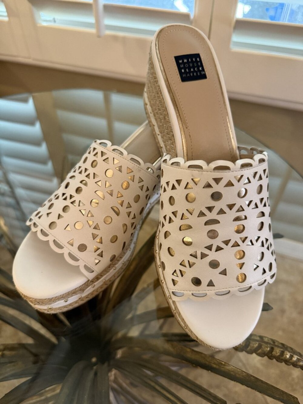 WHBM Laser-Cut Espadrille Slide Sandals, Size 9.5, White w/ Gold
